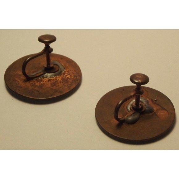 Vintage Gray White 1" Round Enamel Copper Screw-Back Earrings retro modern - Picture 2 of 2